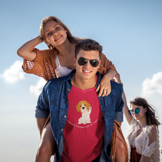 Easily Distracted Unisex Jersey Short Sleeve V-Neck Tee in Red. Shown is front design featuring a dog waving with the saying "Easily Distracted by Dogs" below it. The back of shirt has the classic Benefit Beagle Logo.