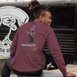 Witchy Cat Unisex Ultra Cotton Long Sleeve Tee. Back side shown in Maroon with Wide Eyed Cartoon Cat wearing Purple Hat Standing over Broom. "Crossing Paths Since 1692". On the front of shirt is similar Witchy Benefit Beagle Logo. Purrfect for Halloween, or anytime!