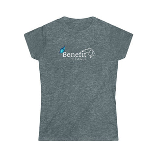 Lincoln Butterfly Women's Softstyle Tee in Dark Heather. Shown is the front of shirt with Benefit Beagle Logo kissed by butterfly. The back of shirt showcases profile of a dog with a blue butterfly on its nose and the phrase "Kindness is Strength" next to it.