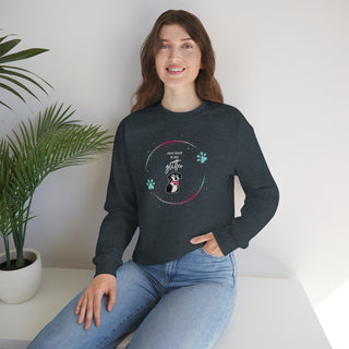 Dog Hair is my Glitter Unisex Crewneck in Dark Heather. The Dog Hair is my Glitter design features a dog with the phrase "Dog Hair is my Glitter" above it and it is surrounded by a circle with paw prints.