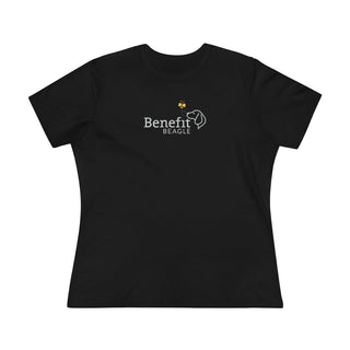 Bee Pawsitive Women's Premium Tee shirt in Black. The front of shirt features the Bee Pawsitive Benefit Beagle Logo. The back of shirt showcases a dog dressed as a bee in a field of sunflowers with "Bee Pawsitive" written above.