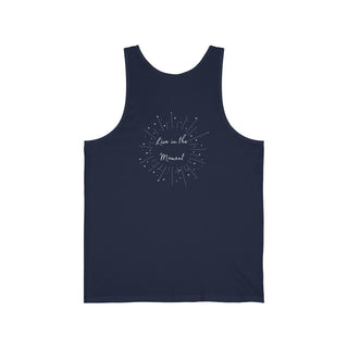 Live in the Moment Unisex Jersey Tank in Navy. The Live in the Moment design features a graphic on the back with the phrase "Live in the Moment" surrounded by shooting stars.