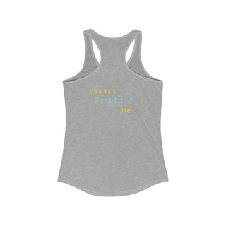 Beagle-Thirty Bottles Women's Racerback Tank in Heather Grey. Shown is back of shirt featuring "Beagle-Thirty" Benefit Beagle Logo. The front Showcases Two Paw Labeled Bottles clinking with, "It's Beagle-Thirty" written next to it.