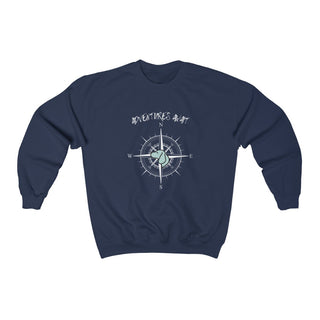 Adventures Await Unisex Crewneck Sweatshirt in Navy. The front of shirt features the Adventures Await design with a dog inside a nautical compass and the words "Adventures Await" above it. The back of the shirt has similar Benefit Beagle Logo.