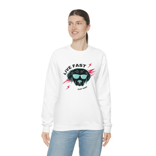 Play Hard Unisex Heavy Blend Crewneck Sweatshirt in White. The design features a cool dog with sunglasses and lightening bolts around it. The phrase "Live Fast, Play Hard" is around the design.