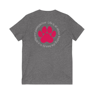 Different Pawspective Unisex V-Neck Tee in Deep Heather. Shown is the back of shirt featuring a large colorful pawprint with the the phrase "Life is all about finding the beauty in a different pawspective" circled around it. The Benefit Beagle Logo is located in the top corner on the front of shirt.