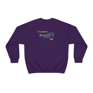 Beagle-Thirty Bottles Unisex Heavy Blend Crewneck Sweatshirt in Purple. Shown is back of shirt featuring "Beagle-Thirty" Benefit Beagle Logo. The front Showcases Two Paw Labeled Bottles clinking with, "It's Beagle-Thirty" written next to it.