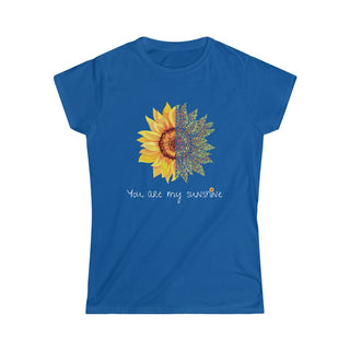 You are my Sunshine Women's Softstyle Tee in Royal. Shown is the front showcasing a sunflower which is split down the middle and half is made out of paw prints. Underneath is the phrase "You are my Sunshine" . Back of shirt features the Sunflower Benefit Beagle Logo.