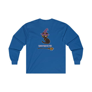 Witchy Cat Unisex Ultra Cotton Long Sleeve Tee. Back side shown in Royal with Wide Eyed Cartoon Cat wearing Purple Hat Standing over Broom. "Crossing Paths Since 1692". On the front of shirt is similar Witchy Benefit Beagle Logo. Purrfect for Halloween, or anytime!