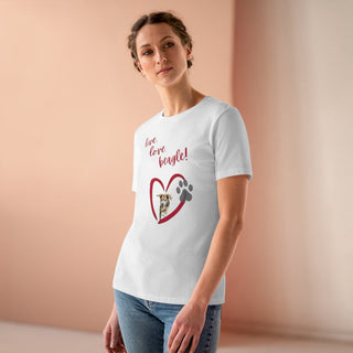 Live, Love, Beagle Women's Premium Tee in White. The Live, Love, Beagle design features a dog running through a heart with the phrase "Live, Love, Beagle!" above it.