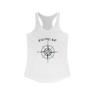 Adventures Await Women's Racerback Tank in White. The front of shirt features the Adventures Await design with a dog inside a nautical compass and the words "Adventures Await" above it. The back of the shirt has similar Benefit Beagle Logo.