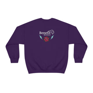 Stay Wild Unisex Heavy Blend Crewneck Sweatshirt in Purple.  Shown is the back of shirt with Benefit Beagle Logo complete with Tattoo Rose. On front of shirt is Stay Wild Design featuring a tattoo style rose with the phrase "Stay Wild, Play Hard" around it.