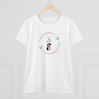 Dog Hair is my Glitter Women's Midweight Cotton Tee in White. The Dog Hair is my Glitter design features a dog with the phrase "Dog Hair is my Glitter" above it and it is surrounded by a circle with paw prints.