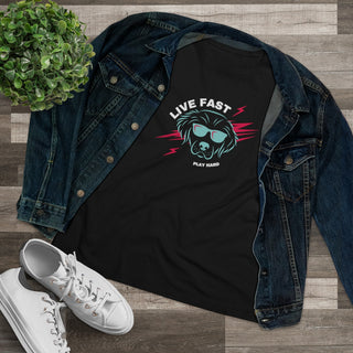 Play Hard Women's Premium Tee Shirt in Black. The design features a cool dog with sunglasses and lightening bolts around it. The phrase "Live Fast, Play Hard" is around the design.