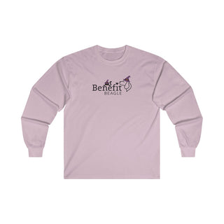 Witchy Cat Unisex Ultra Cotton Long Sleeve Tee. Front side shown in Light Pink with a Seasonal Benefit Beagle Logo Design. Back side showcases Wide Eyed Cartoon Cat wearing Purple Hat Standing over Broom. "Crossing Paths Since 1692". Purrfect for Halloween, or anytime!