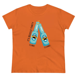 Beagle-Thirty Bottles Women's Midweight Cotton Tee in Orange. The front of shirt showcases Two Paw Labeled Bottles clinking with the saying, "It's Beagle-Thirty". Back of shirt features corresponding Benefit Beagle Logo.