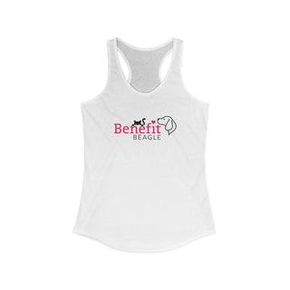 Meow Women's Racerback Tank in White. Shown is front of shirt with the Benefit Beagle Logo featuring a peeping cat. The back showcases a wide eyed black cartoon cat with the phrase "Chatty Cat" above it.