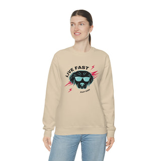 Play Hard Unisex Heavy Blend Crewneck Sweatshirt in Sand. The design features a cool dog with sunglasses and lightening bolts around it. The phrase "Live Fast, Play Hard" is around the design.