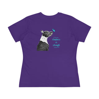 Lincoln Butterfly Women's Premium Tee in Team Purple. Shown is back of shirt design showcasing profile of a dog with a blue butterfly on its nose and the phrase "Kindness is Strength" next to it. The front of shirt has Benefit Beagle Logo kissed by a Butterfly.