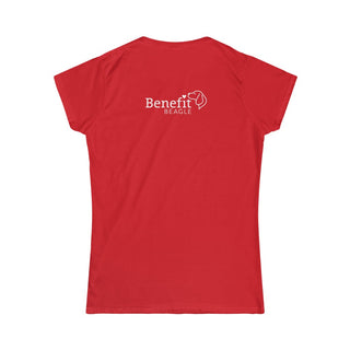 Signature Tattoo Flowers Women's Softstyle Tee in Red. Shown is back of shirt with the Benefit Beagle Logo. Front of shirt has the Signature Tattoo Flowers design featuring a dog with flowers around it and the phrase "Beagletude" and "Nothing is Impawssible".