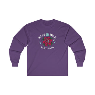 Stay Wild Ultra Cotton Long Sleeve Tee in Purple. The Stay Wild Design features a tattoo style rose with the phrase "Stay Wild, Play Hard" around it. The back of shirt features the Stay Wild Benefit Beagle Logo Design.