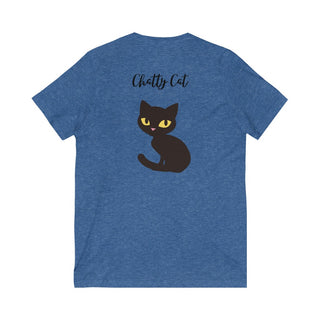 Meow Unisex V-Neck Tee in Heather True Royal. Shown is back showcasing a wide eyed black cartoon cat with the phrase "Chatty Cat" above it. On front of shirt is the Benefit Beagle Logo featuring a peeping cat.