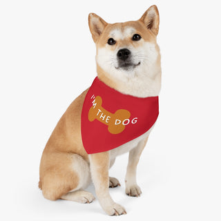 Dog wearing Easily Distracted Dog Collar Bandana in Red. The design features a large dog bone with the words, "I'M THE DOG" written across it. Comes with adjustable black collar.