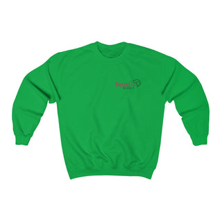 Different Pawspective Unisex Crewneck Sweatshirt in Irish Green. Shown is front of shirt with Benefit Beagle logo in the top corner . On the back is large colorful pawprint with the the phrase "Life is all about finding the beauty in a different pawspective" circled around it.