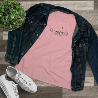 Bee Pawsitive Women's Premium Tee shirt in Pink. The front of shirt features the Bee Pawsitive Benefit Beagle Logo. The back of shirt showcases a dog dressed as a bee in a field of sunflowers with "Bee Pawsitive" written above.