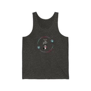 Dog Hair is my Glitter Unisex Jersey Tank in Charcoal Black Triblend. The Dog Hair is my Glitter design features a dog with the phrase "Dog Hair is my Glitter" above it and it is surrounded by a circle with paw prints.