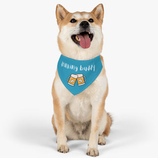 Dog wearing Beagle-Thirty Mugs Dog Collar Bandana in Blue. The Beagle-Thirty Mugs design features two dog adorned mugs clinking with the saying "Drinking buddy" above it. Comes with adjustable black collar.