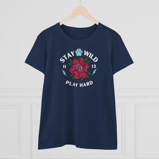 Stay Wild Women's Midweight Cotton Tee in Navy. Shown is front of Stay Wild Design features a tattoo style rose with the phrase "Stay Wild, Play Hard" around it. The back of shirt features the Stay Wild Benefit Beagle Logo Design.