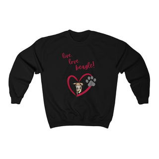 Live, Love, Beagle Crewneck Sweatshirt in Black. The Live, Love, Beagle design features a dog running through a heart with the phrase "Live, Love, Beagle!" above it.