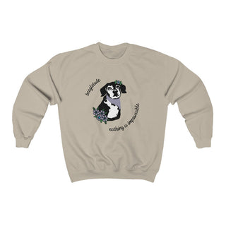 Signature Tattoo Flowers Crewneck Sweatshirt in Sand. Shown is front of shirt with the Signature Tattoo Flowers design featuring a dog with flowers around it and the phrase "Beagletude" and "Nothing is Impawssible". Back of shirt features the Benefit Beagle Logo.