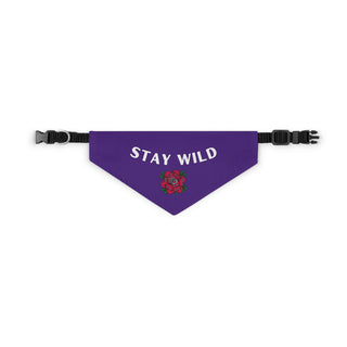 Stay Wild Dog Collar Bandana in Purple. The Stay Wild design features the phrase "Stay Wild" with a tattoo style rose under it. Comes with adjustable black collar.