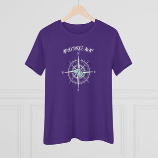 Adventures Await Women's Premium Tee in Purple. The front of shirt features the Adventures Await design with a dog inside a nautical compass and the words "Adventures Await" above it. The back of the shirt has similar Benefit Beagle Logo.