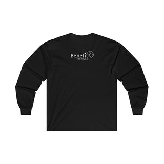 Easily Distracted Ultra Cotton Long Sleeve Tee in Black. Shown is back design with the classic Benefit Beagle Logo. The front design features a dog waving with the saying "Easily Distracted by Dogs" below it.