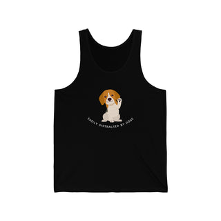 Easily Distracted Unisex Jersey Tank in Black. Shown is front design featuring a dog waving with the saying "Easily Distracted by Dogs" below it. The back of shirt has the classic Benefit Beagle Logo.