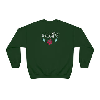 Stay Wild Unisex Heavy Blend Crewneck Sweatshirt in Forest Green.  Shown is the back of shirt with Benefit Beagle Logo complete with Tattoo Rose. On front of shirt is Stay Wild Design featuring a tattoo style rose with the phrase "Stay Wild, Play Hard" around it.