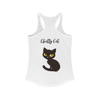 Meow Women's Racerback Tank in White. Shown is back showcasing a wide eyed black cartoon cat with the phrase "Chatty Cat" above it. On front of shirt is the Benefit Beagle Logo featuring a peeping cat.