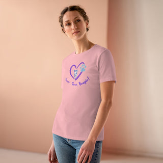 Live, Love, Beagle Women's Premium Tee in Pink. The Live, Love, Beagle design features a dog running through a heart with the phrase "Live, Love, Beagle!" under it.