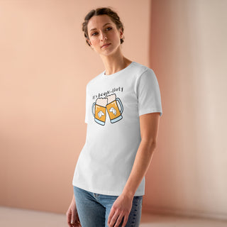 Beagle-Thirty Mugs Women's Premium Tee in White. The front of shirt showcases Two Dog Adorned Mugs clinking with the saying, "It's Beagle-Thirty" above it. Back of shirt features corresponding Benefit Beagle Logo.