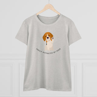 Easily Distracted Women's Midweight Cotton Tee in Team Ash. Shown is front design featuring a dog waving with the saying "Easily Distracted by Dogs" below it. The back of shirt has the classic Benefit Beagle Logo.