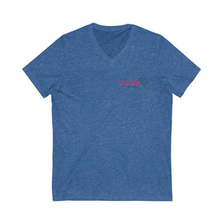 Different Pawspective Unisex V-Neck Tee in Heather True Royal. Shown is front of shirt with Benefit Beagle logo in the top corner . On the back is large colorful pawprint with the the phrase "Life is all about finding the beauty in a different pawspective" circled around it.