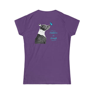 Lincoln Butterfly Women's Softstyle Tee in Purple. Shown is back of shirt design showcasing profile of a dog with a blue butterfly on its nose and the phrase "Kindness is Strength" next to it. The front of shirt has Benefit Beagle Logo kissed by a Butterfly.