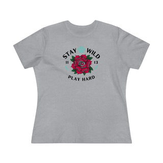 Stay Wild Women's Premium Tee in Athletic Heather. Shown is front of Stay Wild Design features a tattoo style rose with the phrase "Stay Wild, Play Hard" around it. The back of shirt features the Stay Wild Benefit Beagle Logo Design.