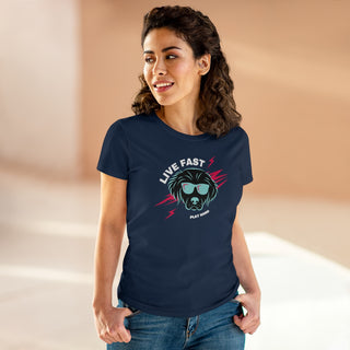 Play Hard Women's Midweight Cotton Tee shirt in Navy. The design features a cool dog with sunglasses and lightening bolts behind it. The phrase "Live Fast, Play Hard" is around the design.