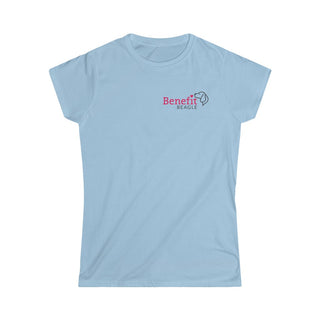 Different Pawspective Women's Softstyle Tee in Light Blue. Shown is front of shirt with Benefit Beagle logo in the top corner . On the back is large colorful pawprint with the the phrase "Life is all about finding the beauty in a different pawspective" circled around it.