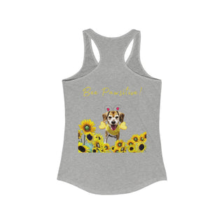 Bee Pawsitive Women's Racerback Tank in Heather Grey. Shown is back of shirt showcasing a dog dressed as as bee in a a field of sunflowers with the phrase "Bee Pawsitive!" above it. The front features the Bee Pawsitive Benefit Beagle Logo.