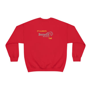 Beagle-Thirty Bottles Unisex Heavy Blend Crewneck Sweatshirt in Red. Shown is back of shirt featuring "Beagle-Thirty" Benefit Beagle Logo. The front Showcases Two Paw Labeled Bottles clinking with, "It's Beagle-Thirty" written next to it.